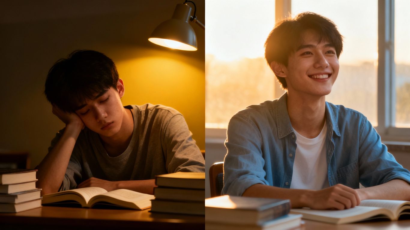 Student studying all night versus student sleeping well.