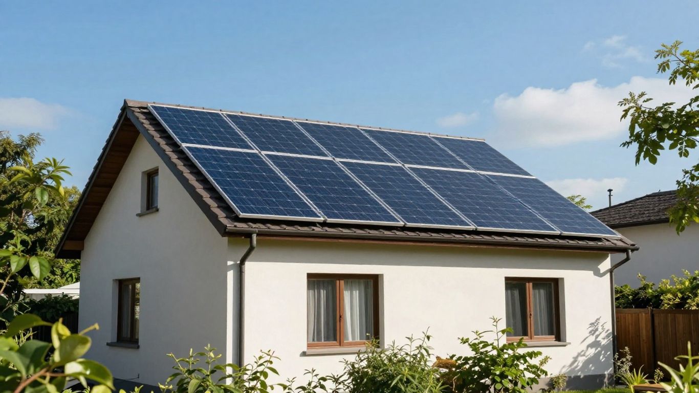 Maison avec panneaux solaires sur le toit, sous le soleil.