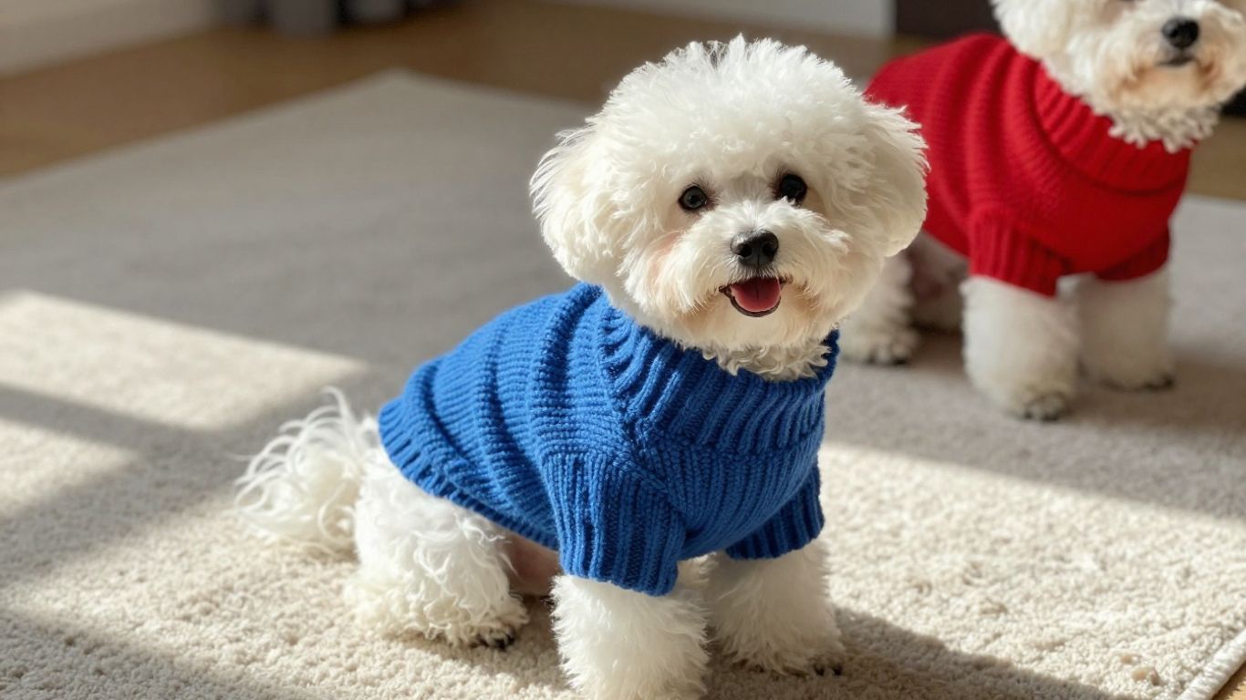 Dog wearing a fashionable knitted sweater.