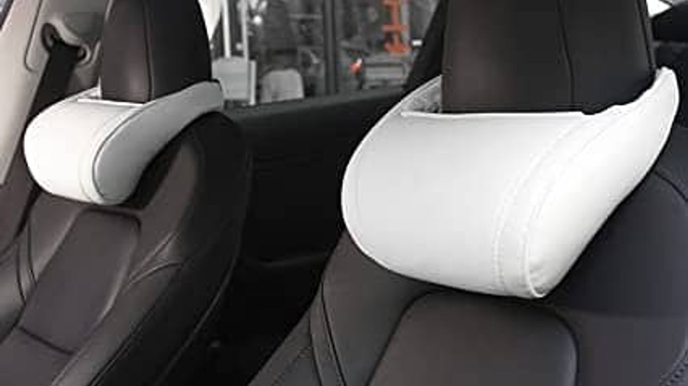 Two stylish car seats with unique headrest designs.