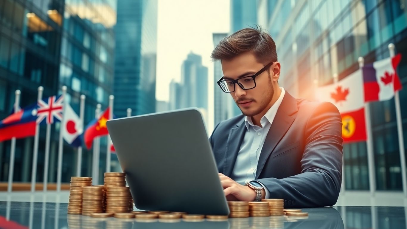 Businessperson reviewing global investment data with international flags