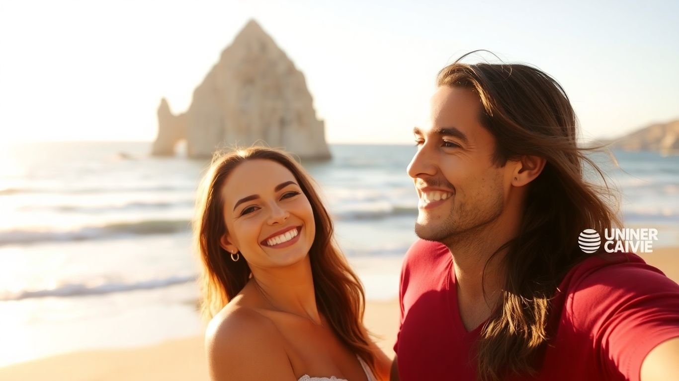 Couple on Cabo beach with ocean and rock formations.
