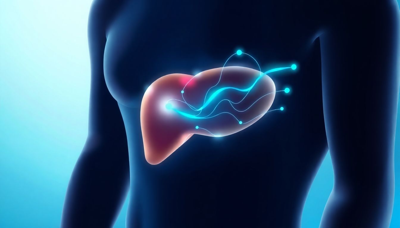 Stylized glowing liver with abstract data lines.