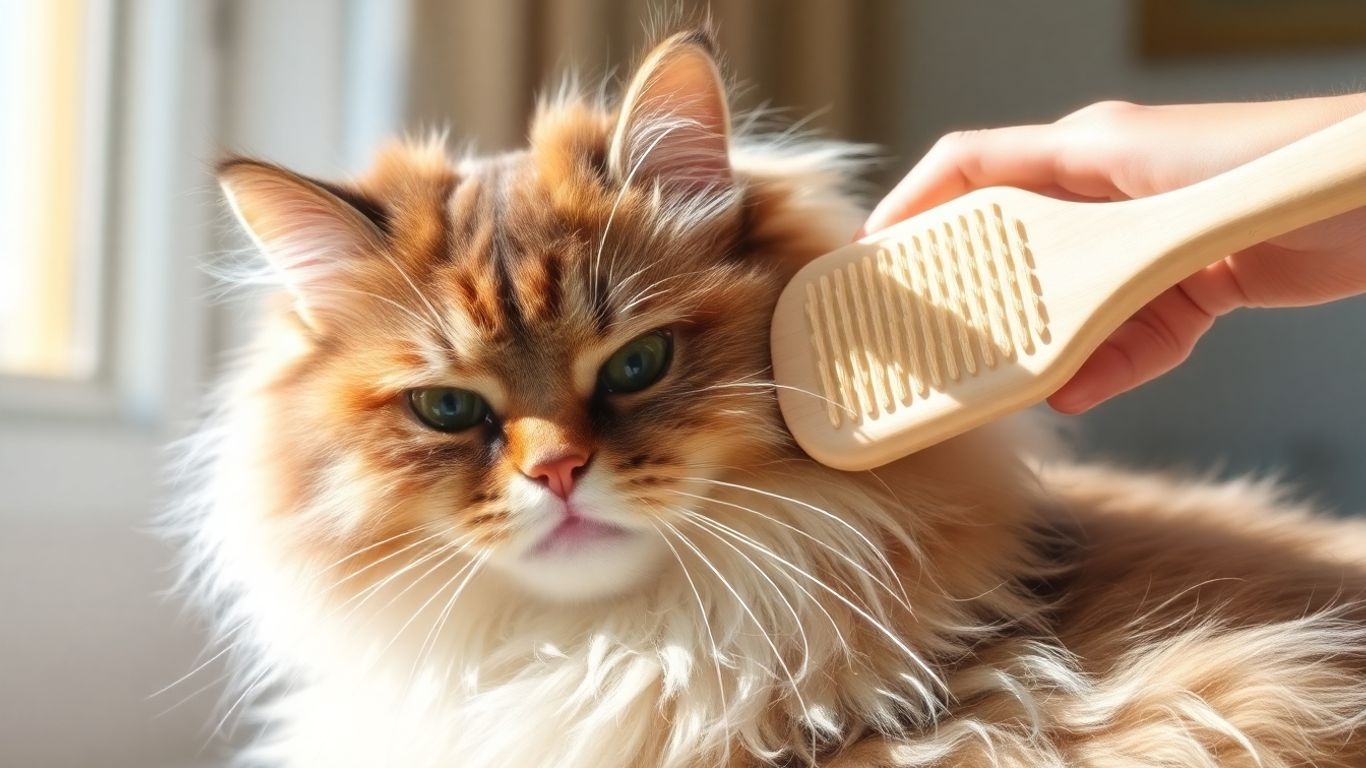 Cat enjoying a grooming session with a soft brush.