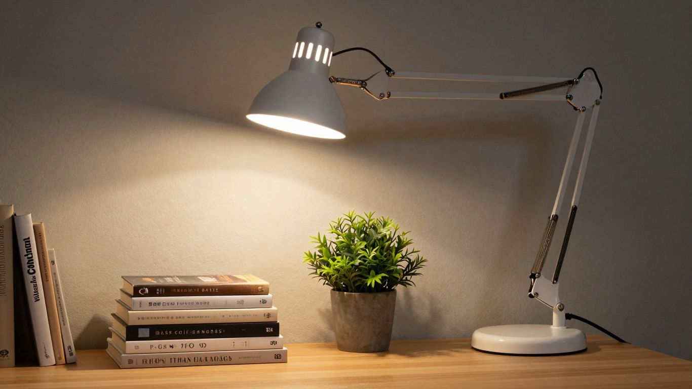 Clip-on desk lamp illuminating a tidy workspace.