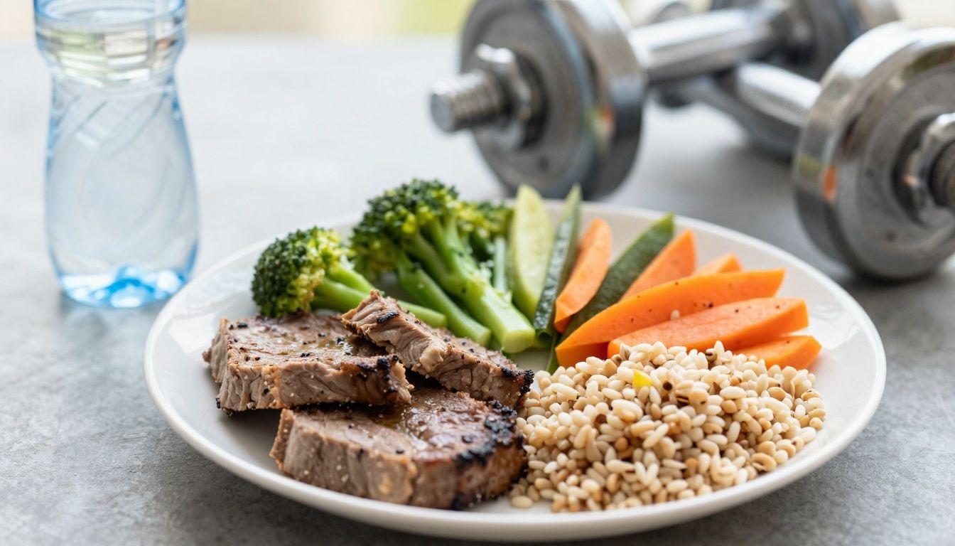 Healthy meal with dumbbells and water bottle, representing nutrition and fitness.