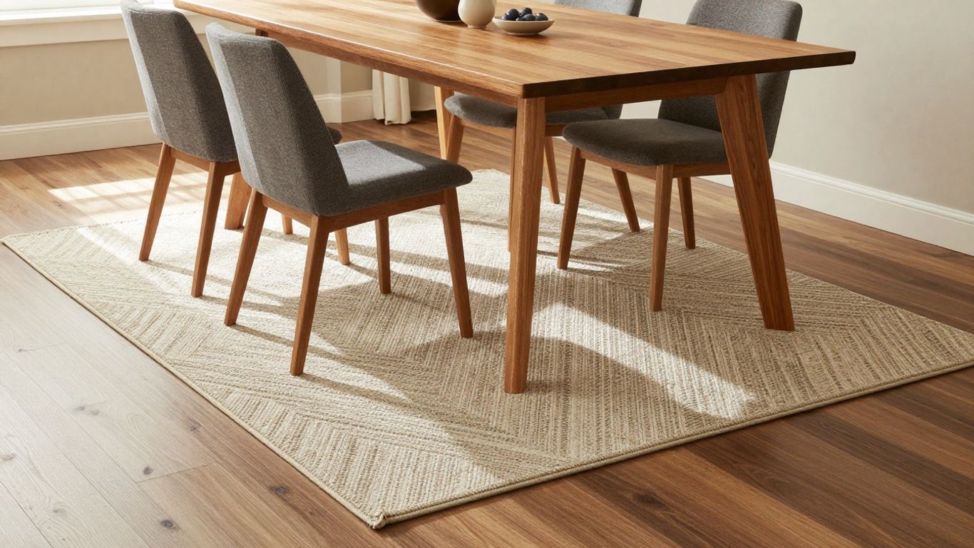 Teppich unter Esstisch mit Stühlen und Tisch