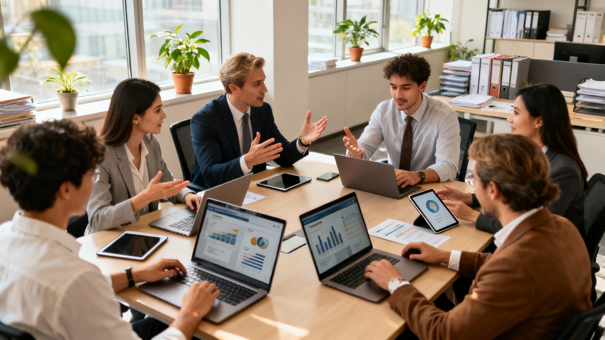 Professional team analyzing client onboarding data together on laptops and tablets in a bright office, representing digital collaboration