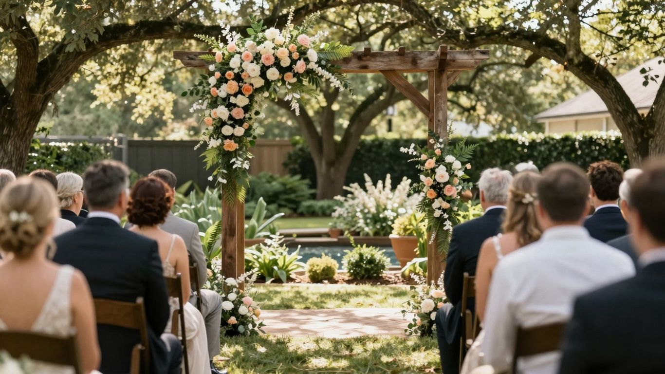 Intimate Dallas wedding venue with floral arch and garden.