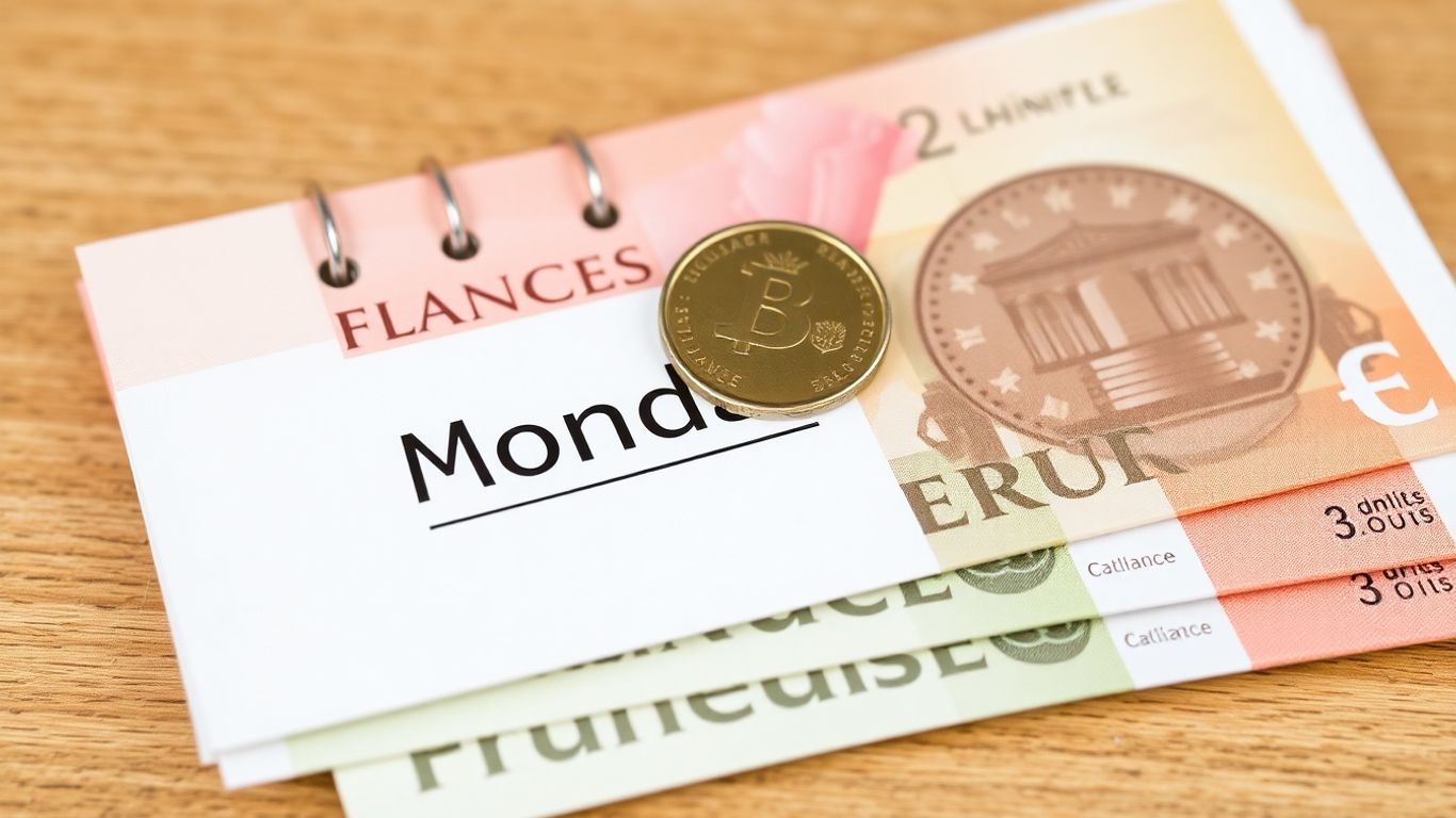 Billettes et pièces en euros avec un calendrier affichant lundi.