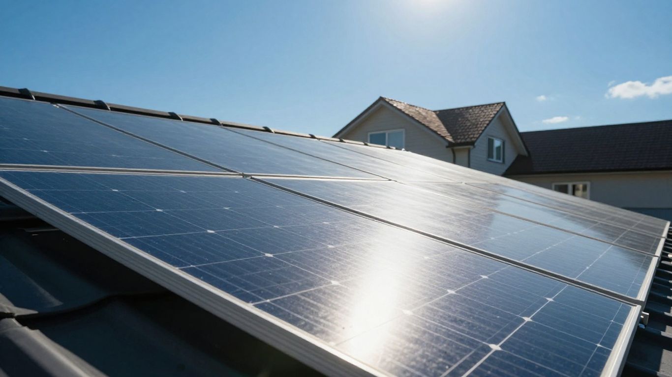 Panneaux solaires sur un toit avec le soleil.