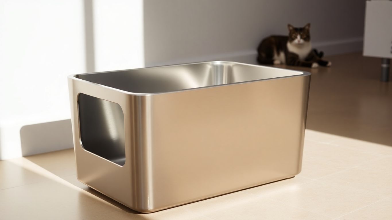Shiny stainless steel cat litter box on a clean floor.