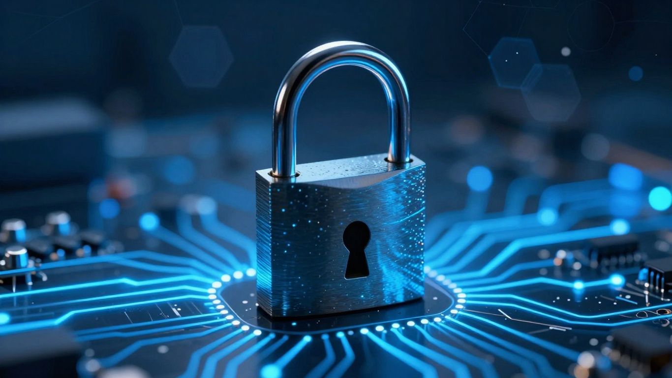 Digital padlock securing a circuit board, representing cyber security.