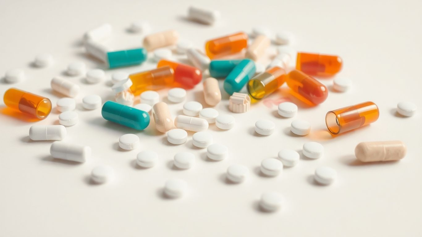 Pílulas e cápsulas de medicamentos em uma superfície neutra.