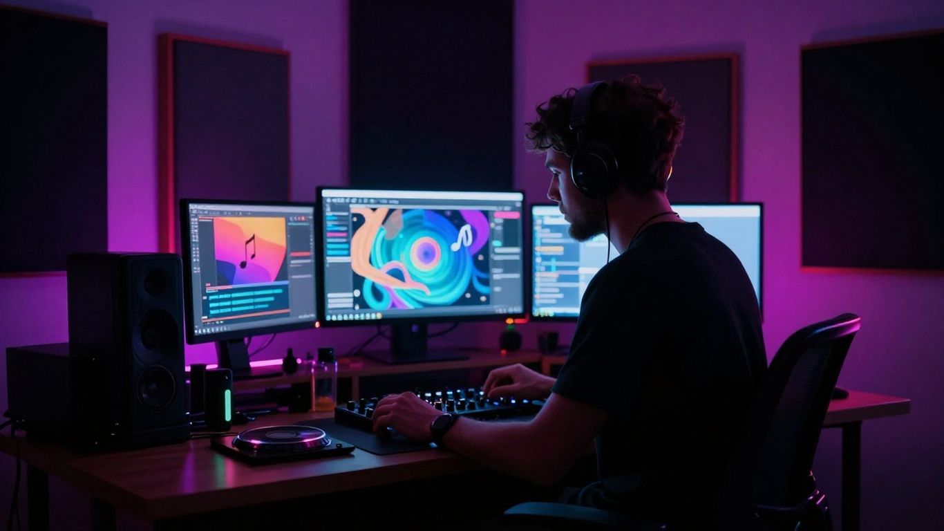 Melodic trap music production studio with neon lights.