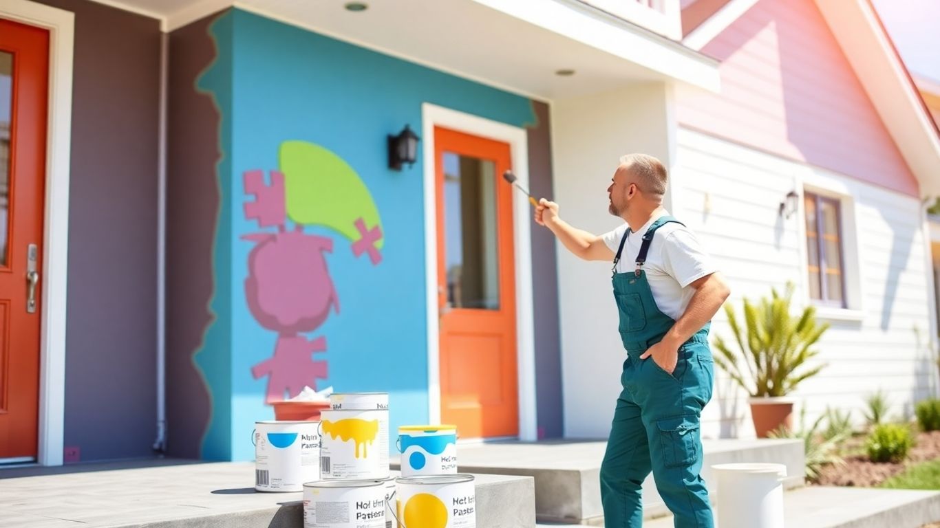 Painter applying vibrant paint to modern home exterior