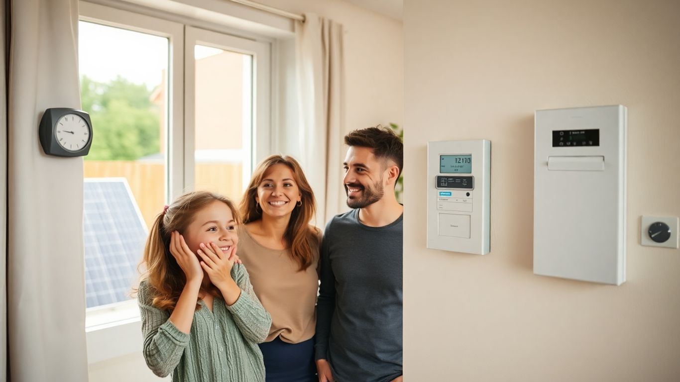 Famille heureuse vérifiant le compteur électrique chez eux