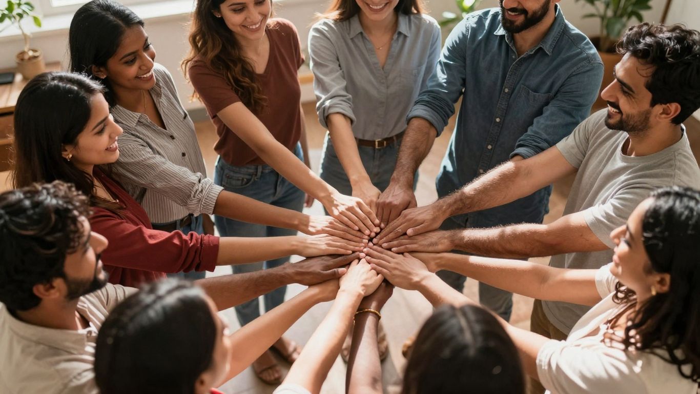 Diverse people holding hands in a circle, symbolizing family unity.