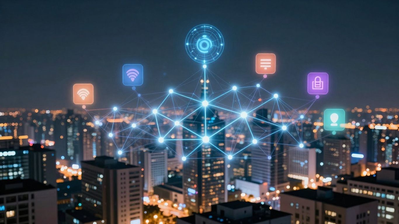 Blockchain and advertising merging in a futuristic digital landscape.