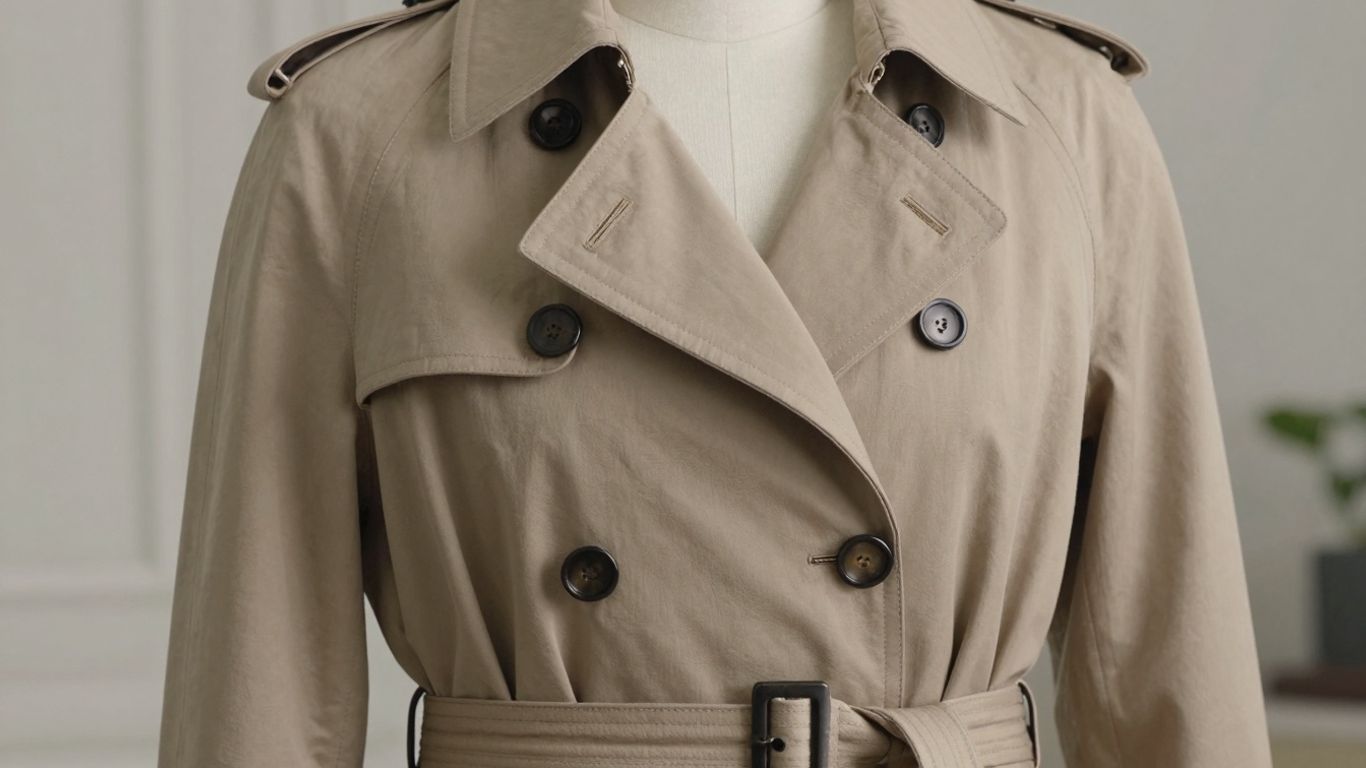 Classic beige trench coat with belted waist.