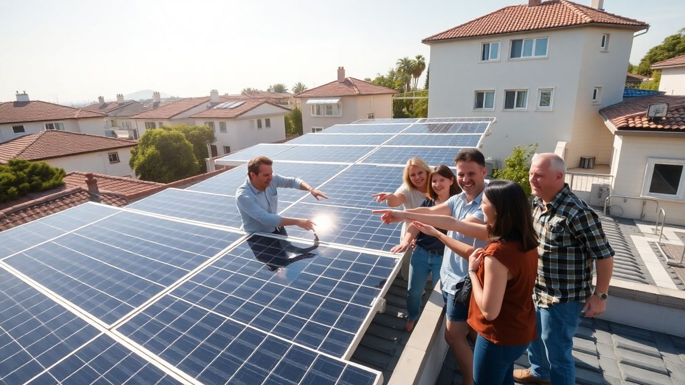 Pannelli solari su un tetto, condominio, condivisione di energia.