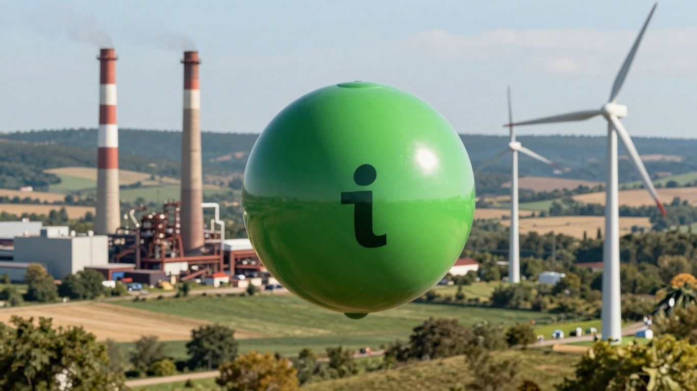 Moleculă de hidrogen verde pe fundal industrial și eolian.