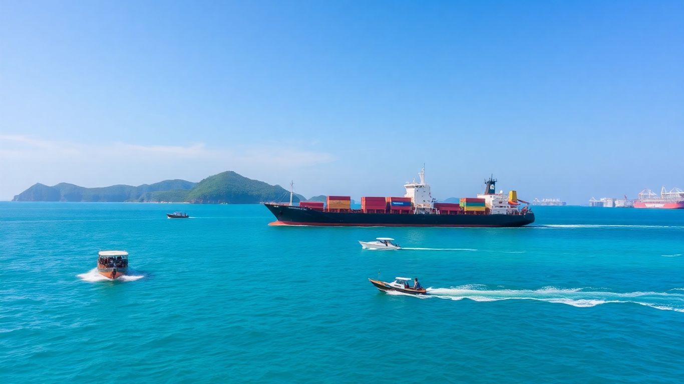Foreign cargo ship near Indonesian port.