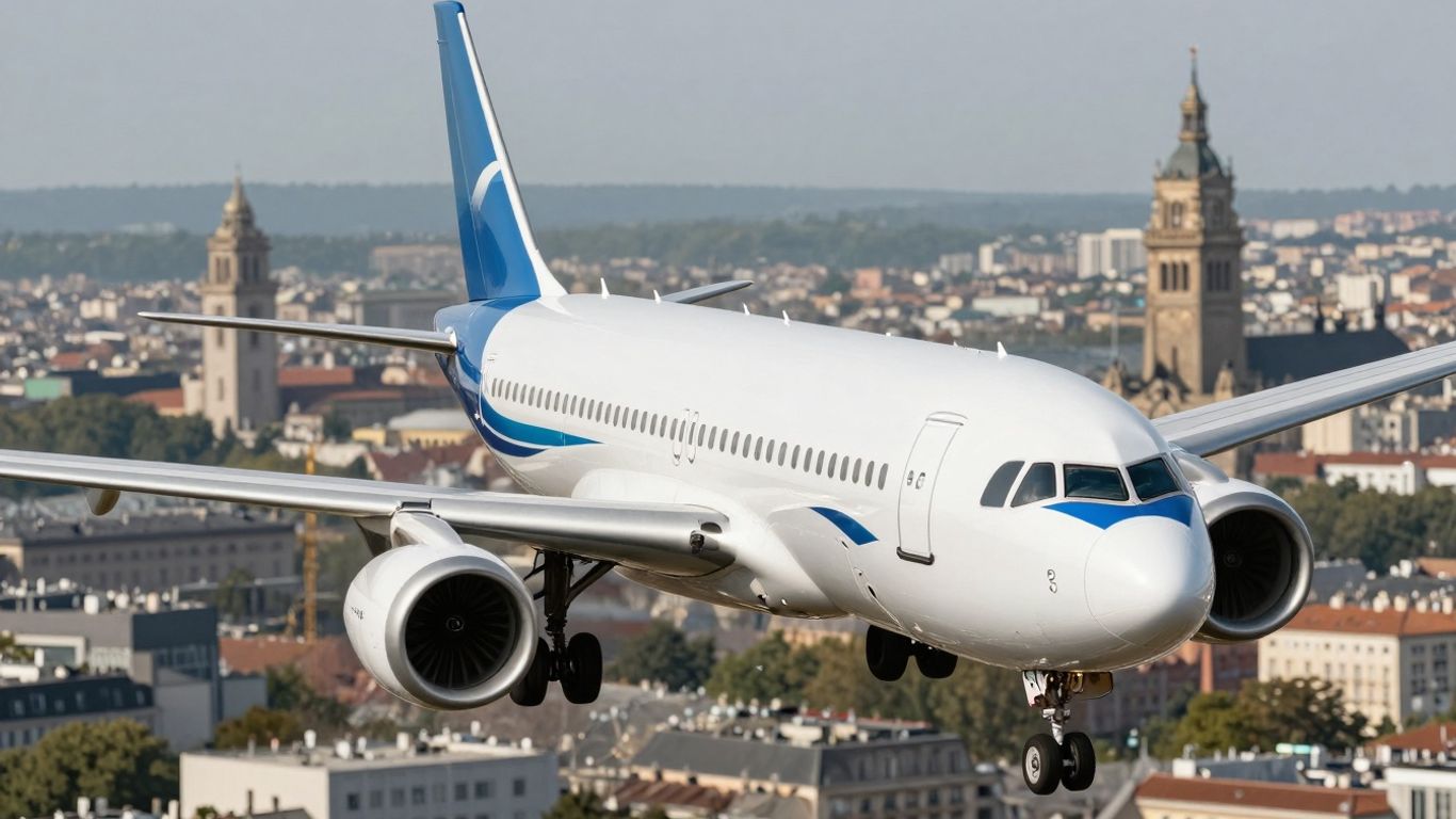 Airplane flying over European landmarks.