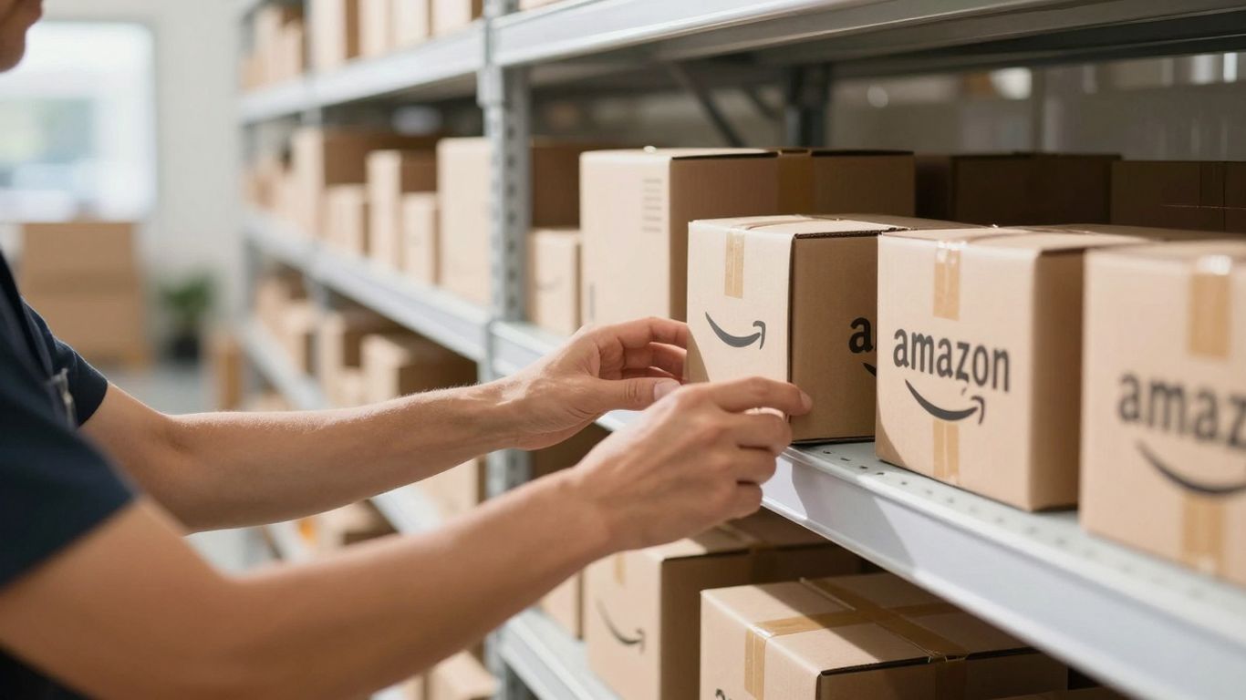 Amazon FBM seller organizing products in a warehouse.