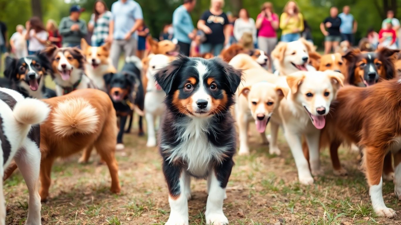 Aussie puppy overwhelmed by too many dogs and people.