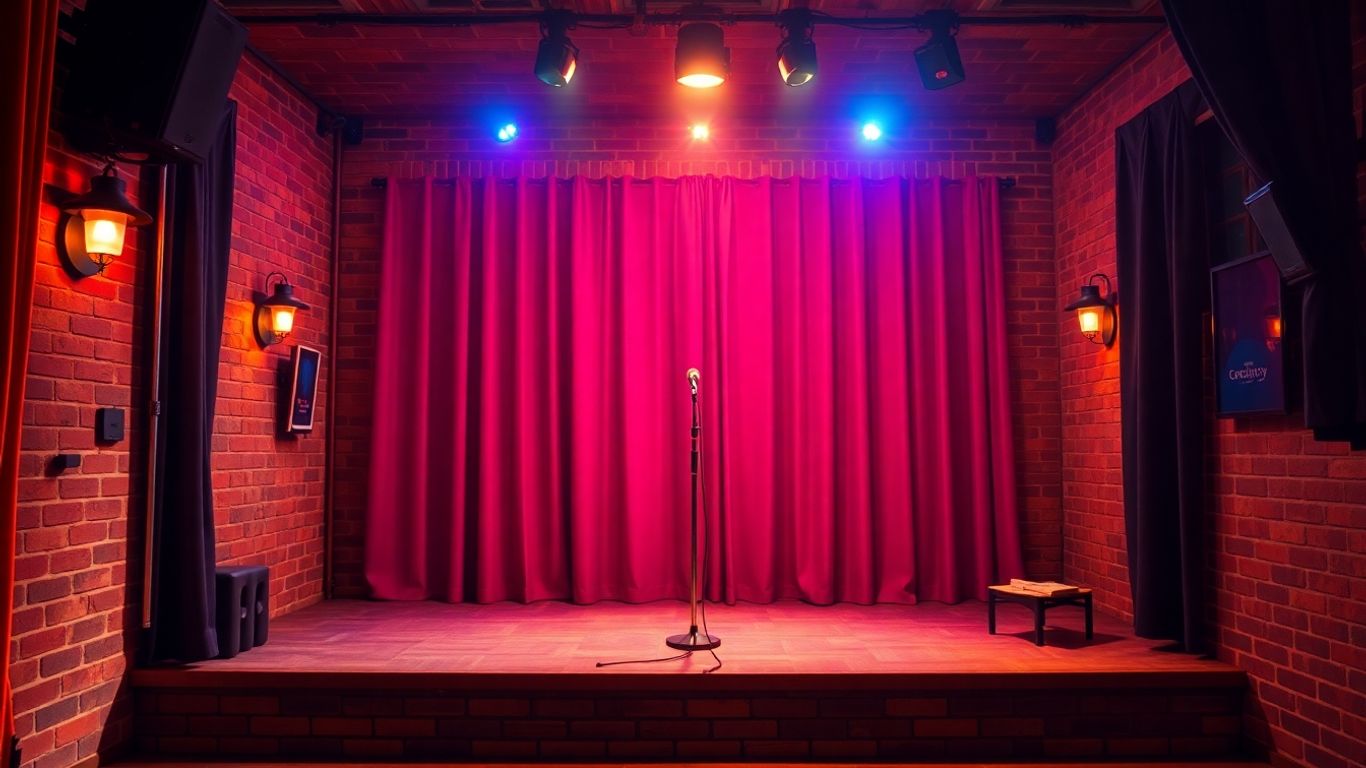 Empty comedy stage with microphone and spotlight