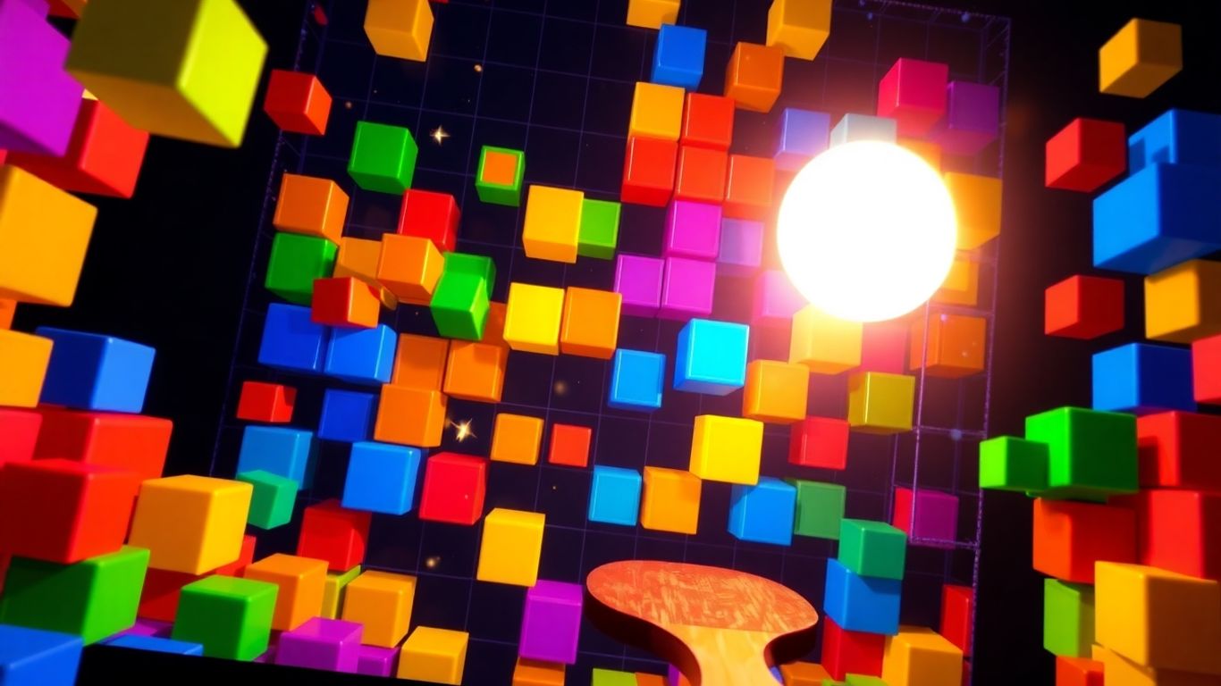 Google Block Breaker Spielbildschirm mit bunten Blöcken.