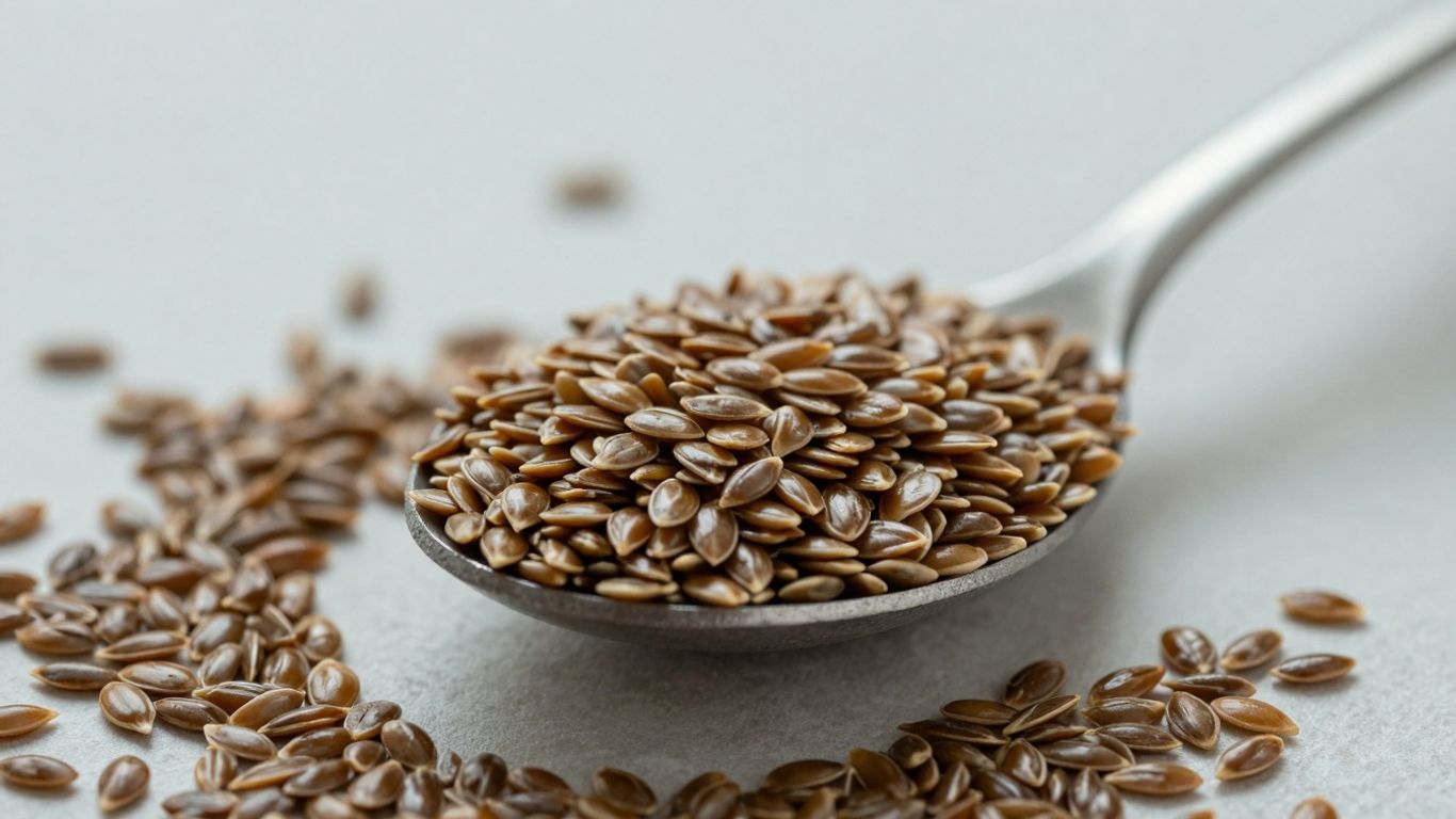 Flax seeds in a tablespoon with scattered seeds.