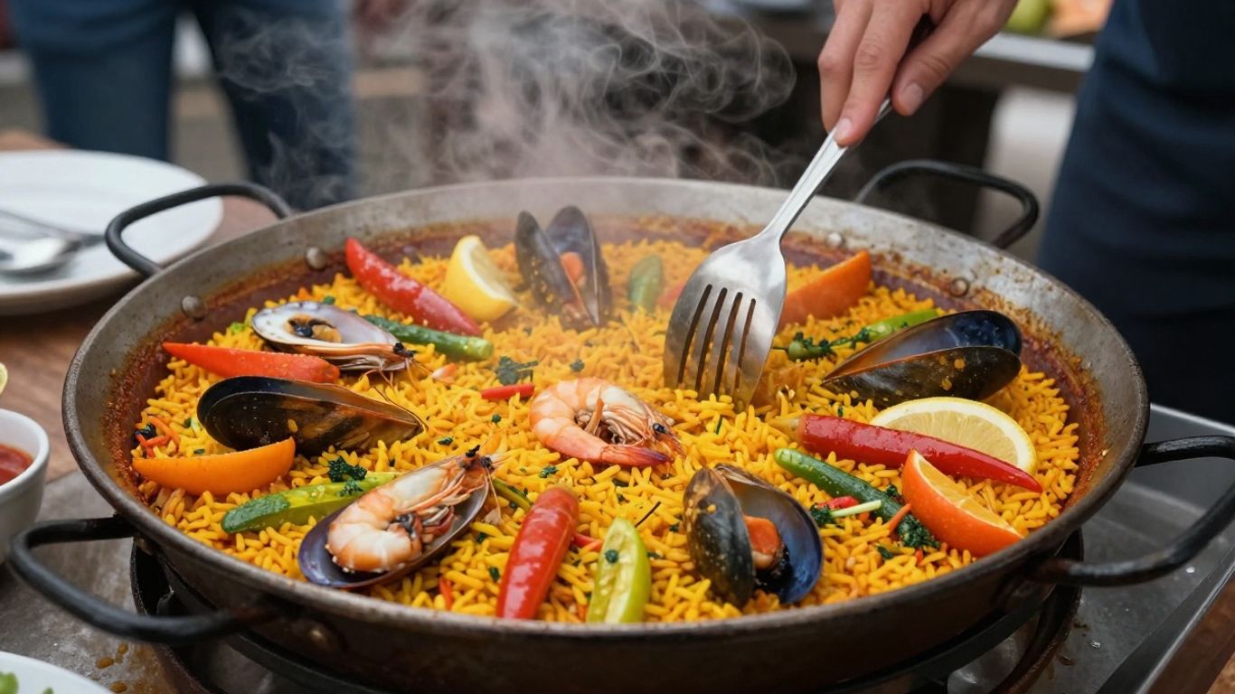 Mobile paella catering van preparing a delicious seafood paella.