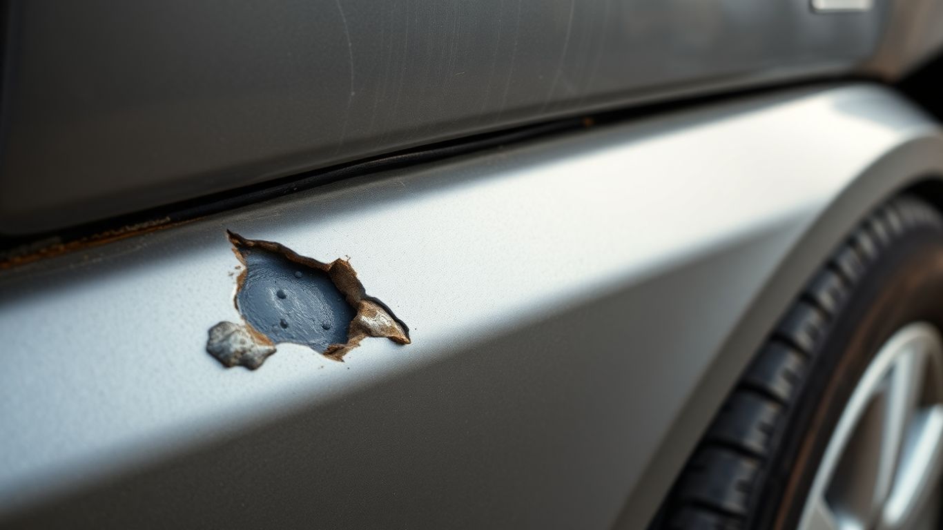 Beschädigte Stoßstange und Spiegel eines Autos.