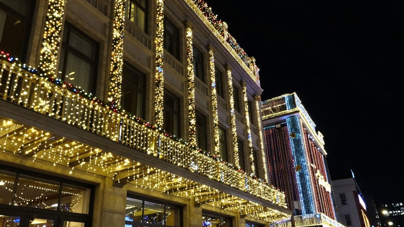 Commercial building decorated with bright Christmas lights