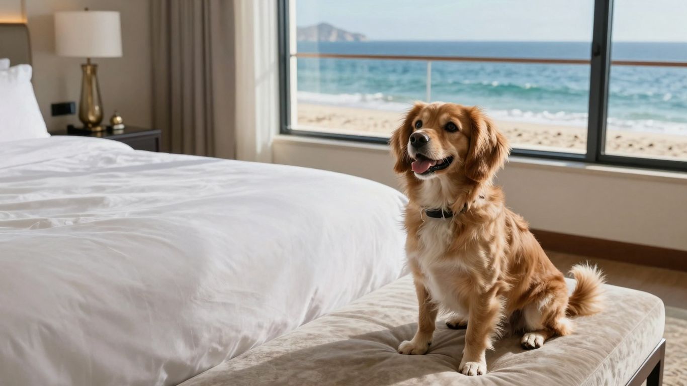 Dog relaxing in a pet-friendly Cabo hotel room.