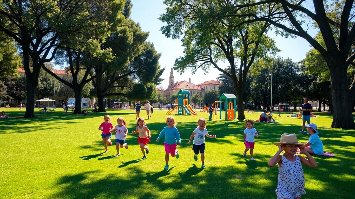 Crianças a brincar num parque verde em Portugal.