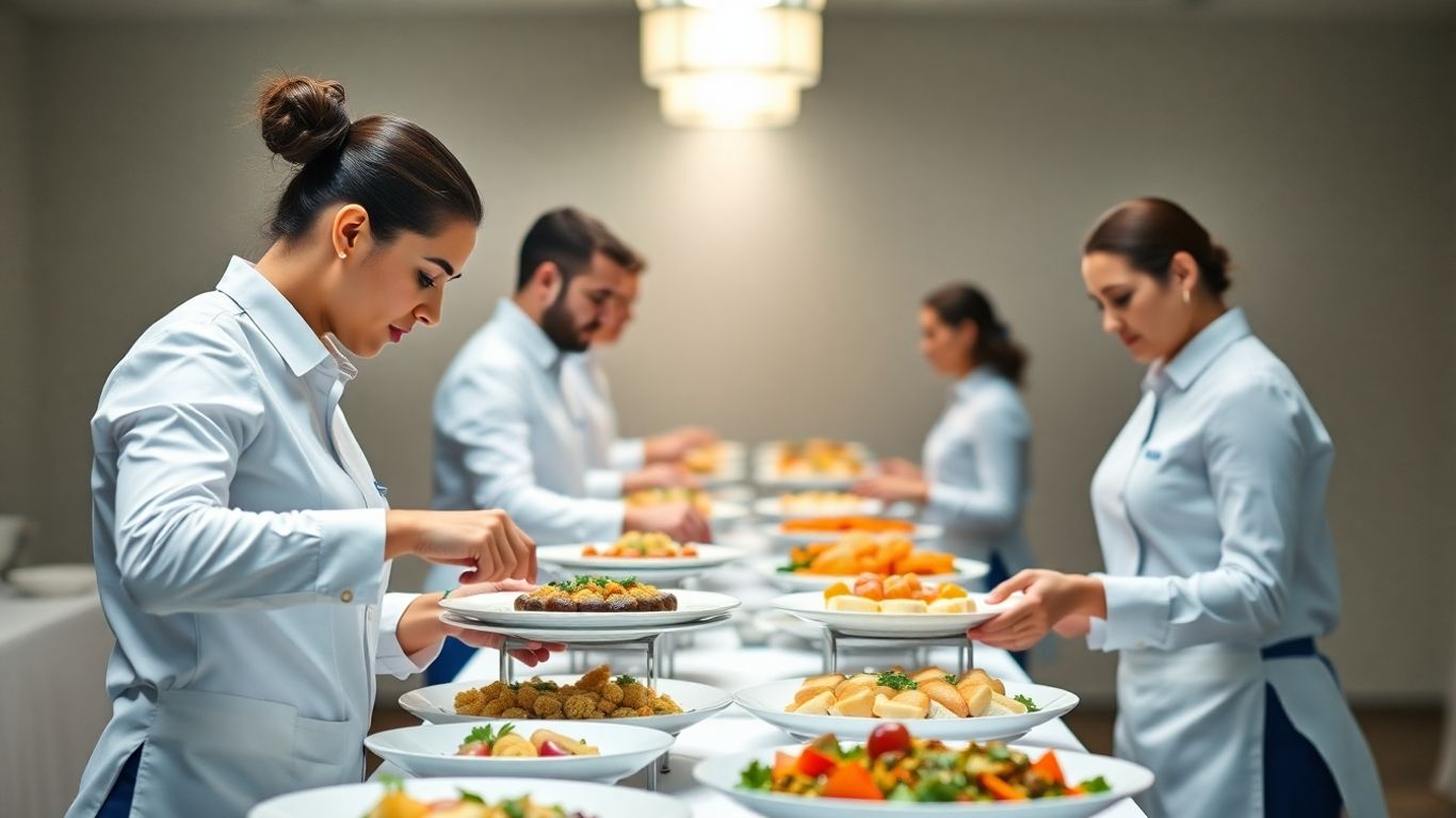 Catering-Team arrangiert Speisen mit blauen Akzenten