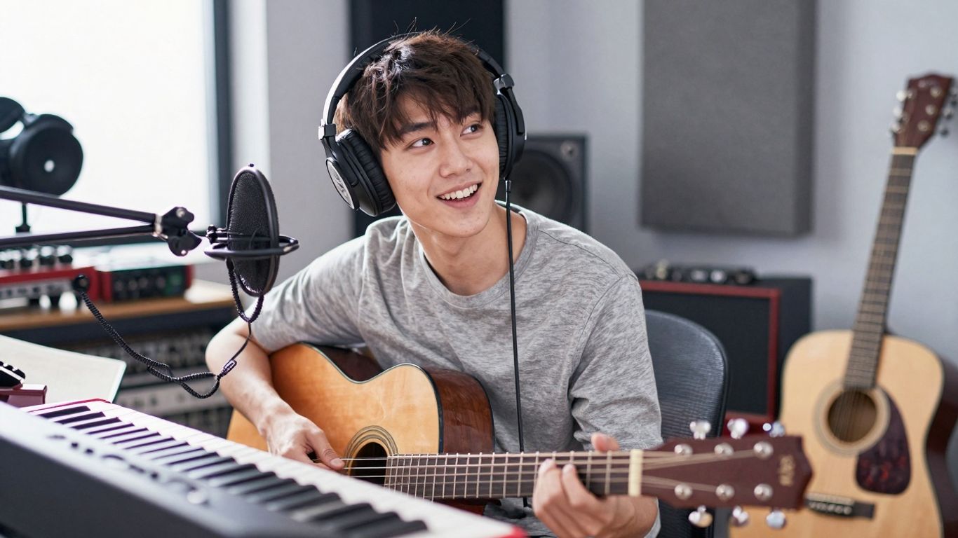 Musician in studio with headphones and guitar.