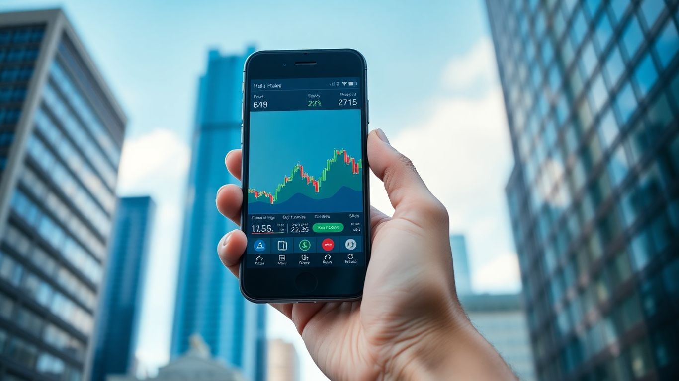 Hand holding phone with stock market data.