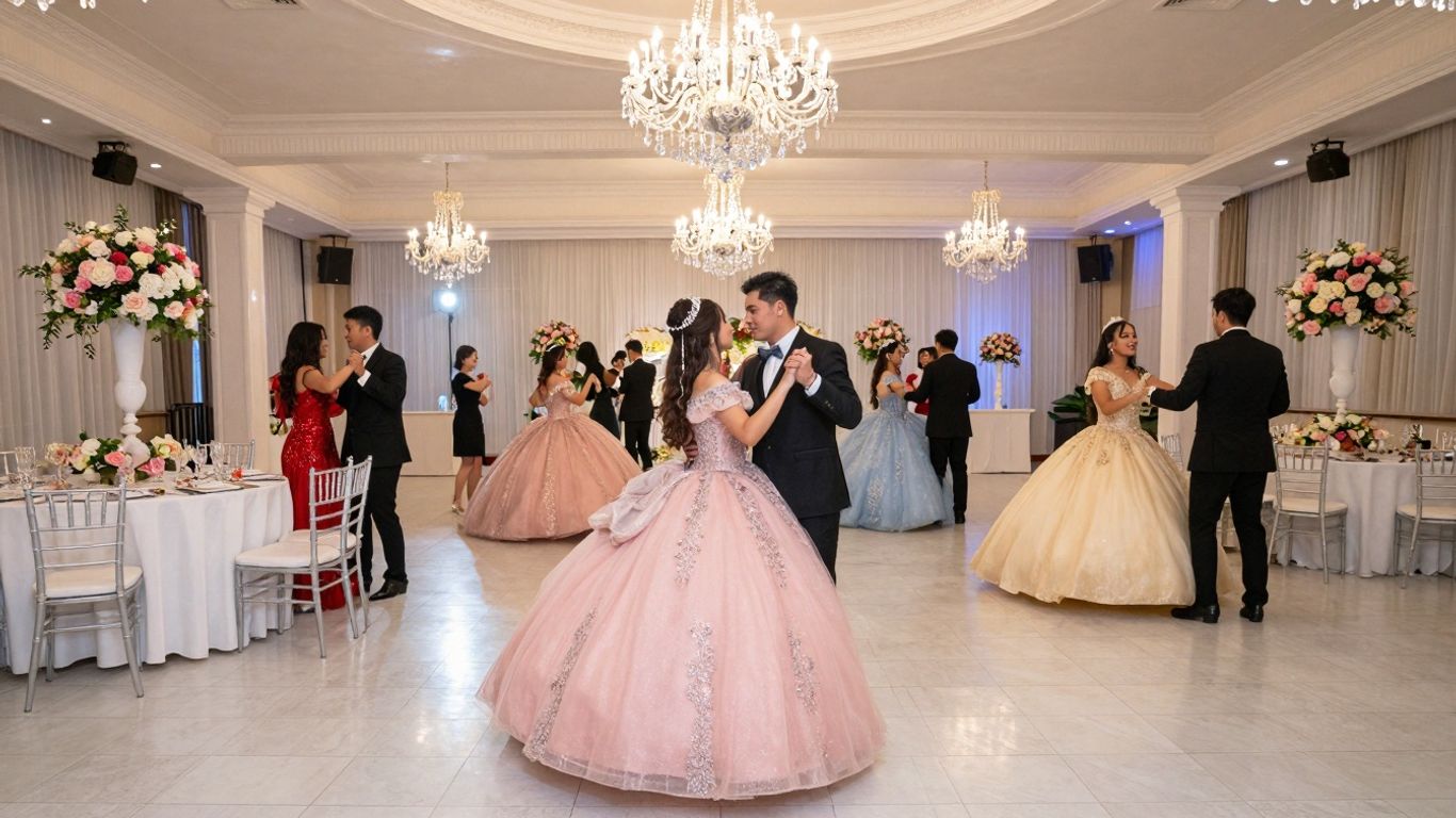 Elegant ballroom decorated for a Quinceañera celebration.