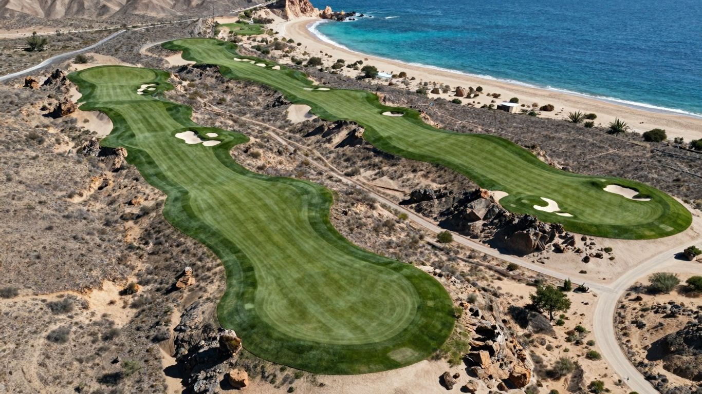 Quivira Golf Course Cabo aerial view with ocean and cliffs.