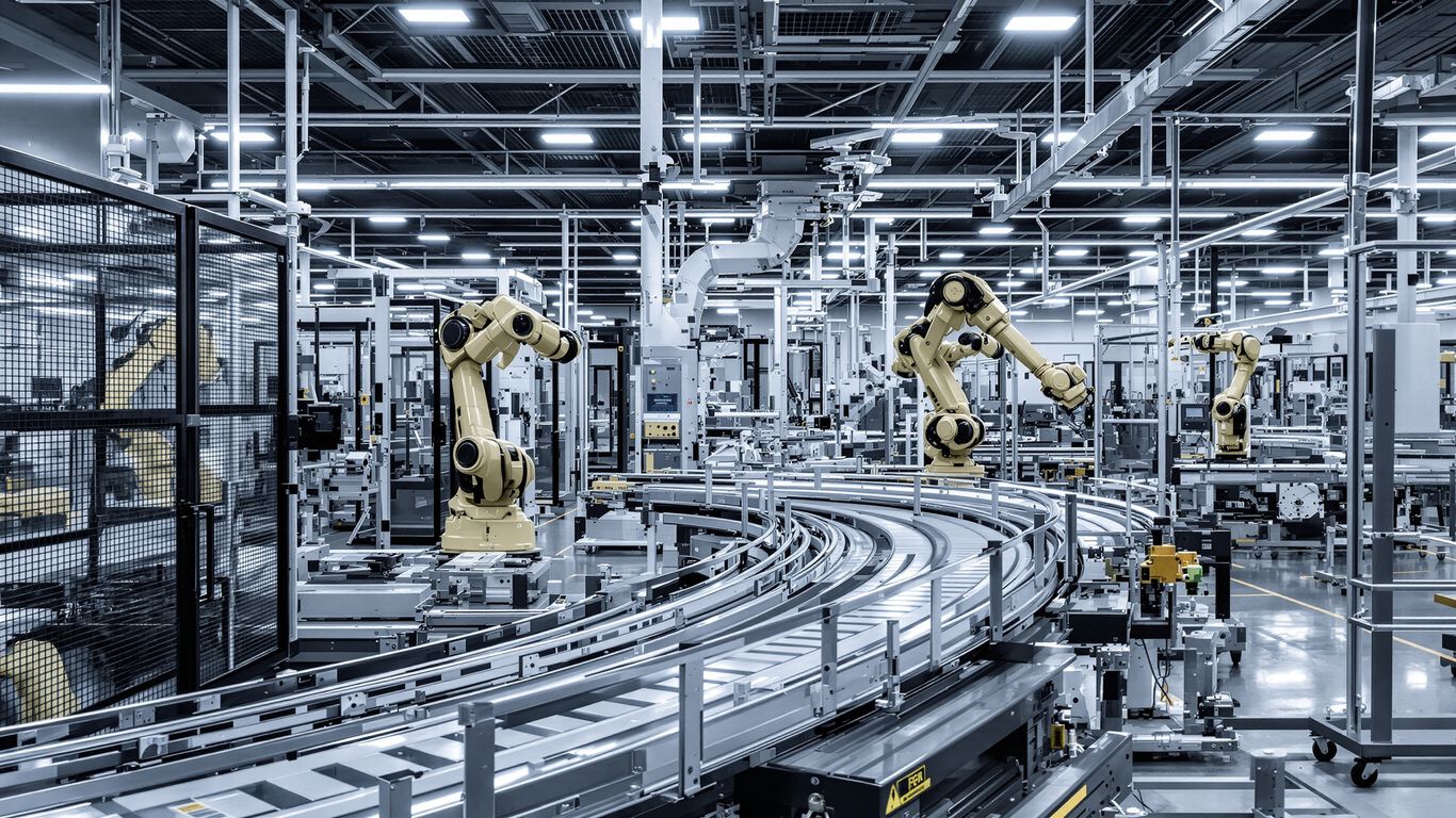 Robotic arms working on a factory production line.