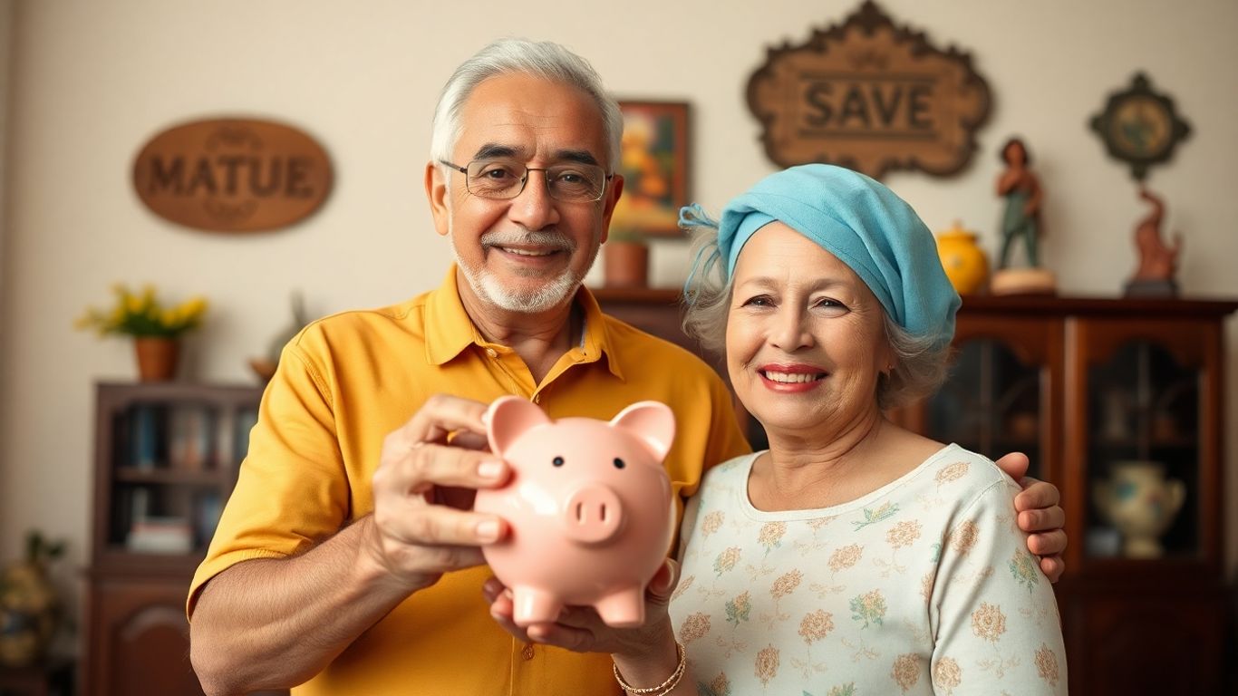 Casal idoso brasileiro segurando cofrinho em casa