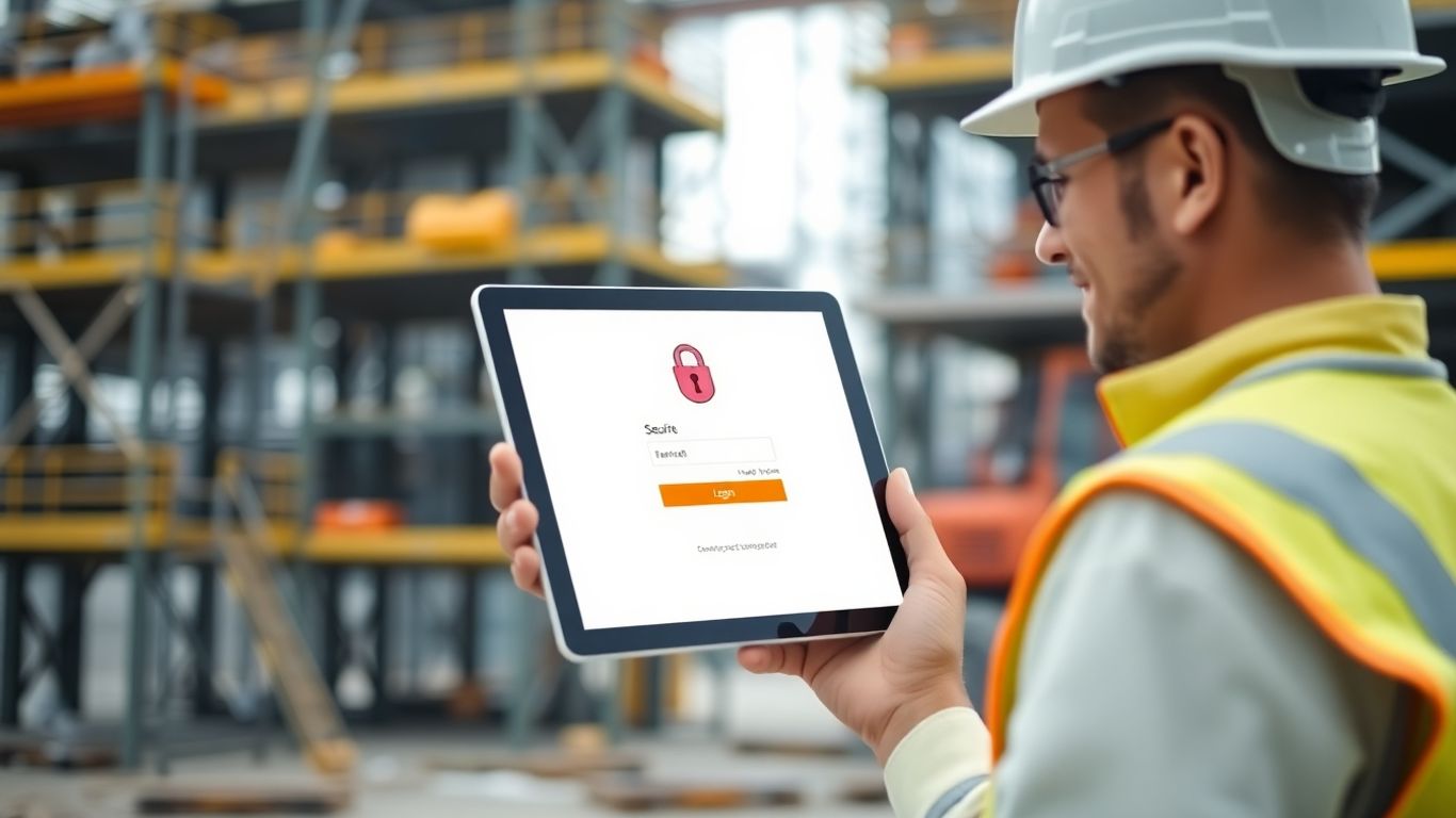 Construction worker using tablet with secure login screen.