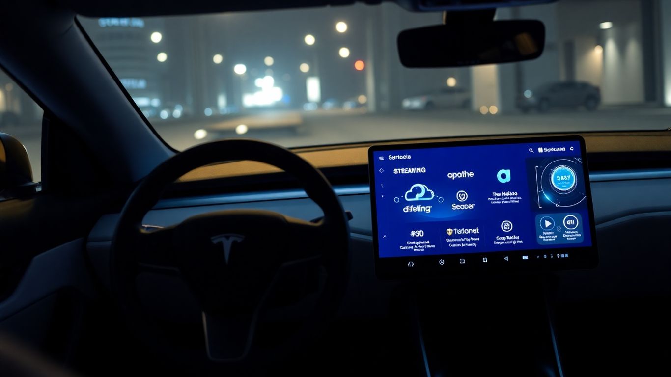 Tesla interior with streaming, AI, and autonomy features.