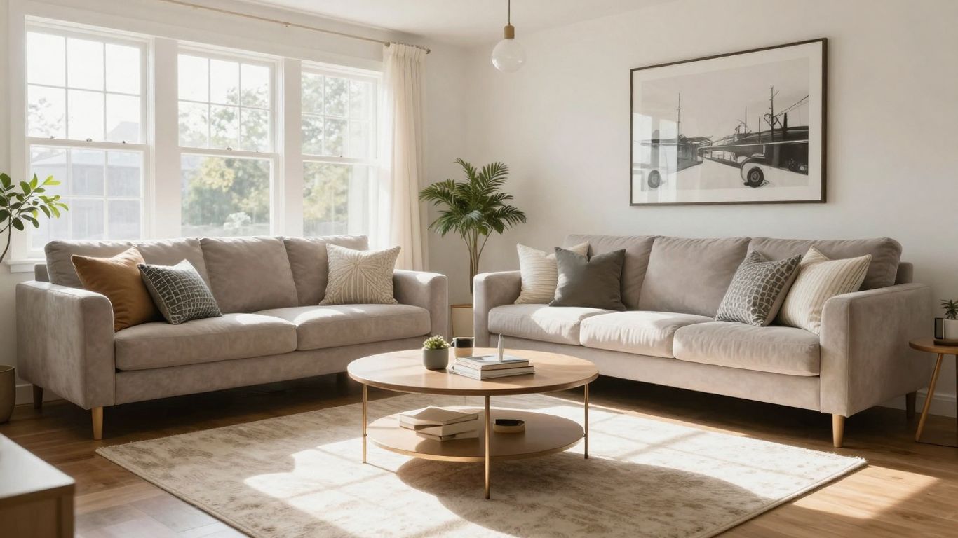 Modern Airbnb living room with stylish furniture and decor.