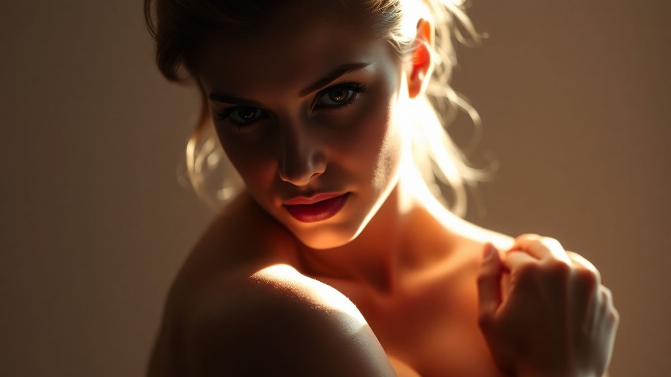 Woman in suggestive pose, intimate lighting, alluring expression.