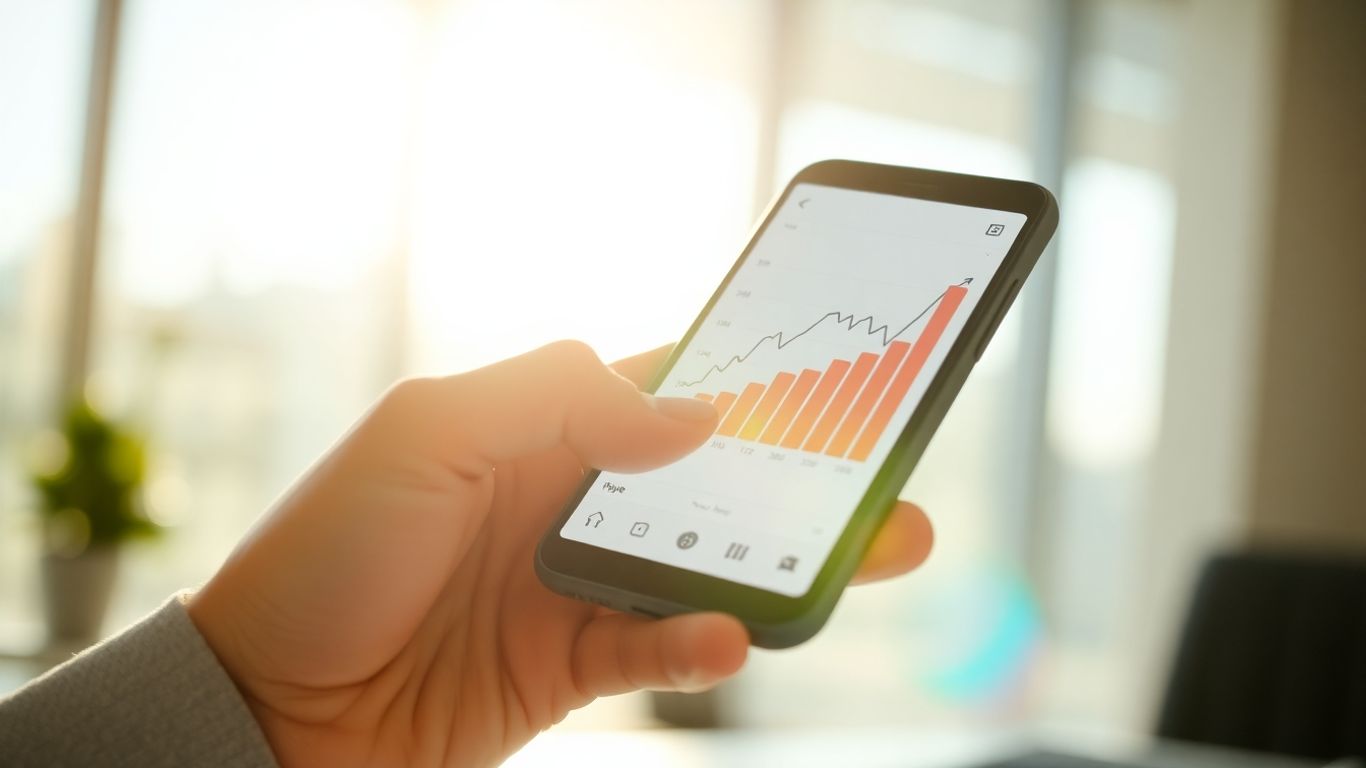 Hands holding smartphone with financial chart for retirement planning.